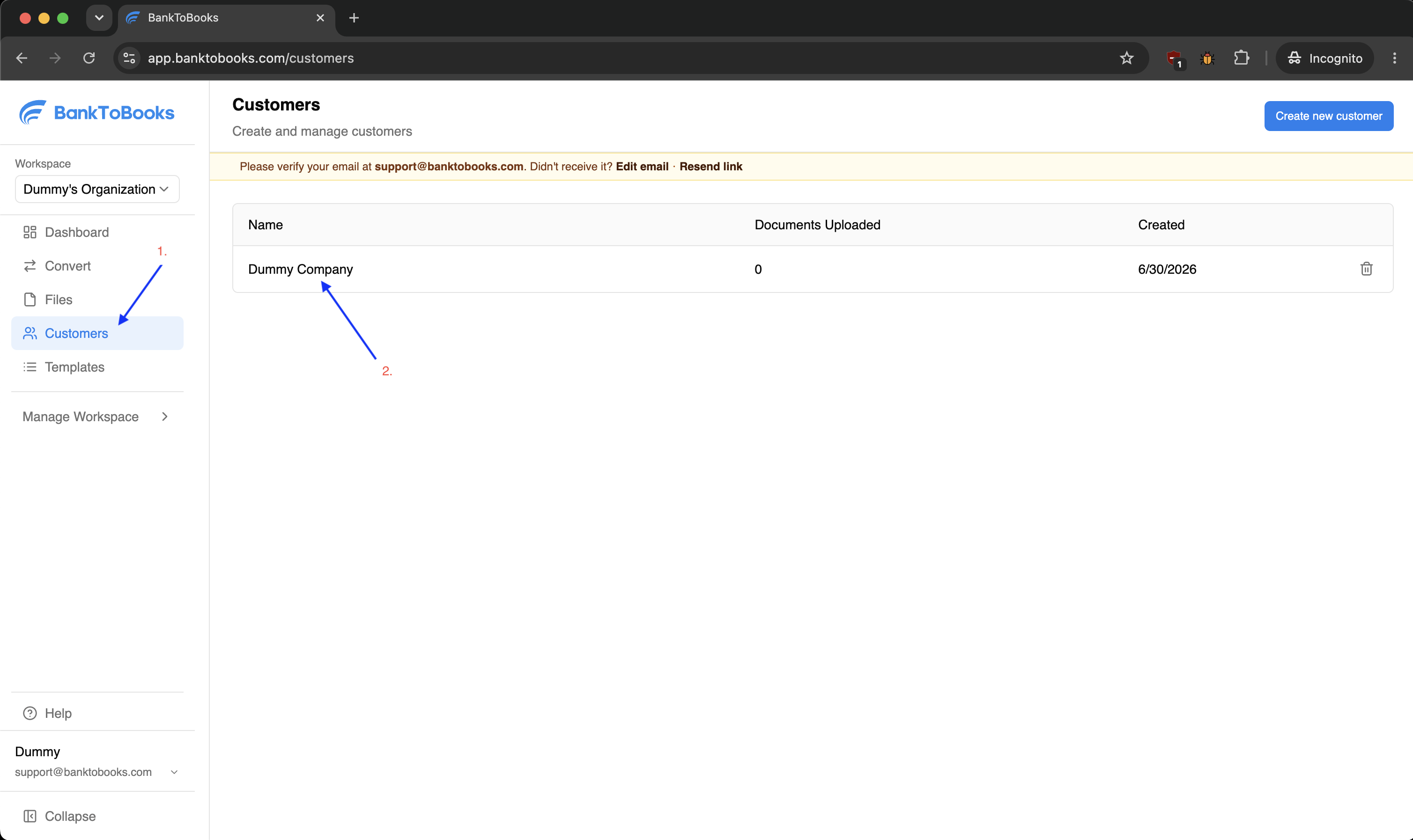 Customers page with the Customers navigation item and a customer row highlighted.