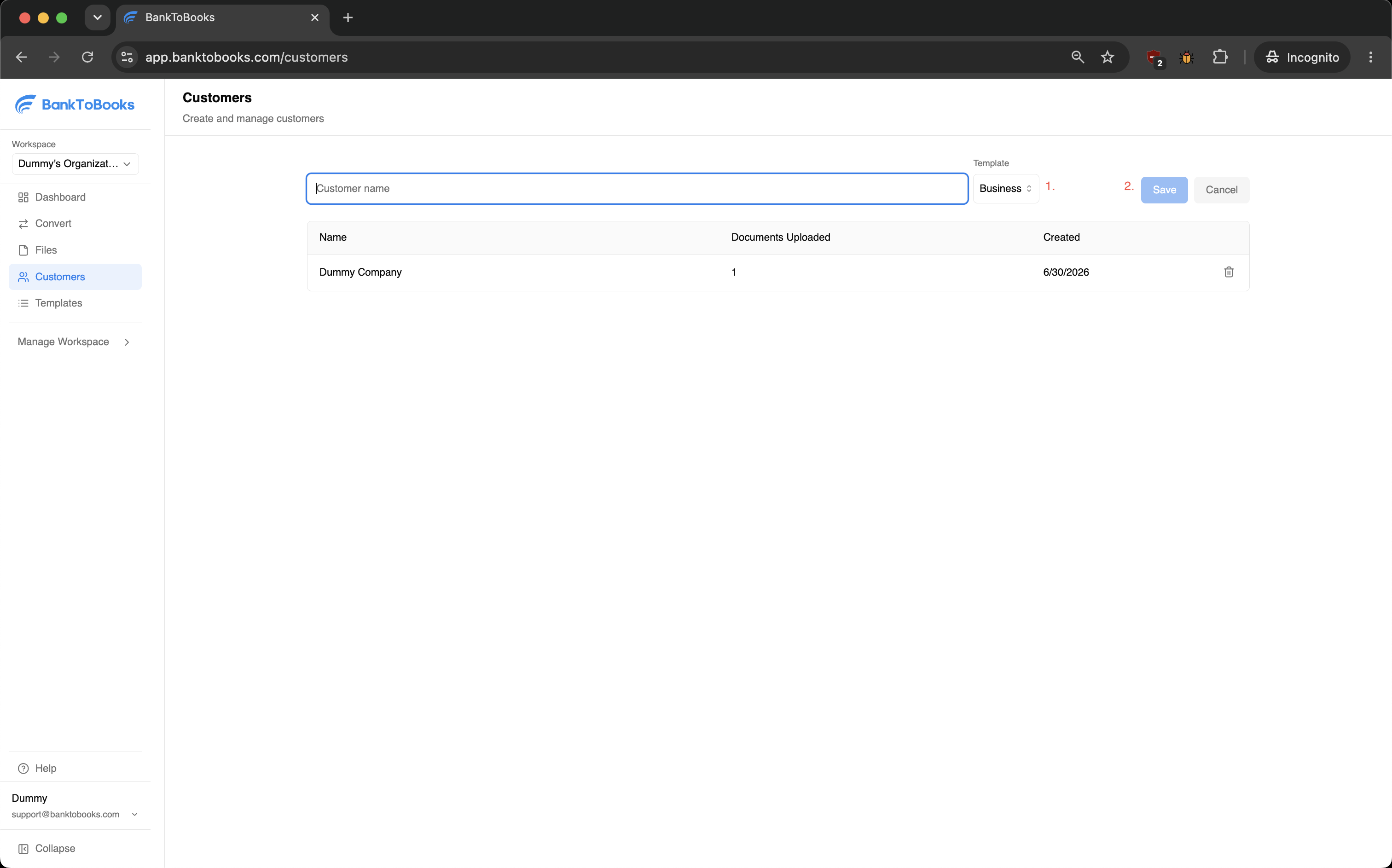 Customer creation form with the Template selector and Save button marked.
